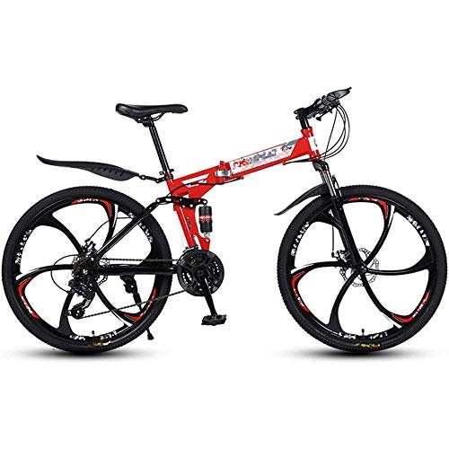 Folding Mountain Bike : LLAN Unisex Folding Bike, Freewheel Derailleur Gears, Foldable Mountain Bike Men, Full Suspension, Ladies Bike, 26 Inch 24speed (Color : Red, Size : 24-Speed)