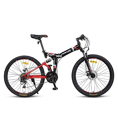 Folding Mountain Bike : LLF 24in Folding Mountain Bike, 24 Speed Bicycle Full Suspension MTB Foldable Frame for men and women Suitable for Height 170-185cm (Color : Black Red)
