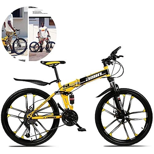 Folding Mountain Bike : LQRYJDZ Folding Mountain Bike 26 Inches, 24 Speed Full Suspension MTB Foldable Frame 10 Cutter Wheel (Color : Yellow)