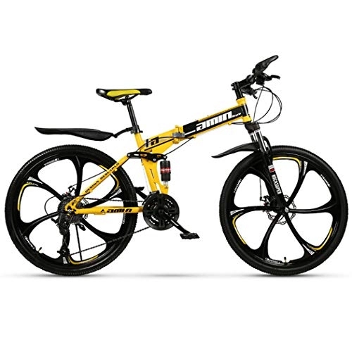 Folding Mountain Bike : LSCC Adult Mountain Bike, 26 inch Wheels, Mountain Trail Bike High Carbon Steel Outroad Folding Bicycles, 21-Speed Bicycle Full Suspension MTB Gears Dual Disc Brakes Mountain Bicycle, Yellow