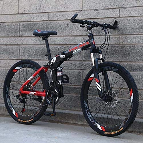 Folding Mountain Bike : LUO Bicycle, 26 inch Folding Mountain Bike for Adult Men and Women, High Carbon Steel Dual Suspension Frame Mountain Bicycle, Steel Disc Brake, Red, 24 Speed, Black, 24 Speed