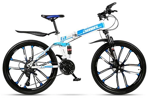 Folding Mountain Bike : LXC 24 / 26 Inch Folding Mountain Bike, 10 Cutter Wheel The Mtb Bicycle, Lightweight 21 Speeds, High-Carbon Steel Frame, Blue White
