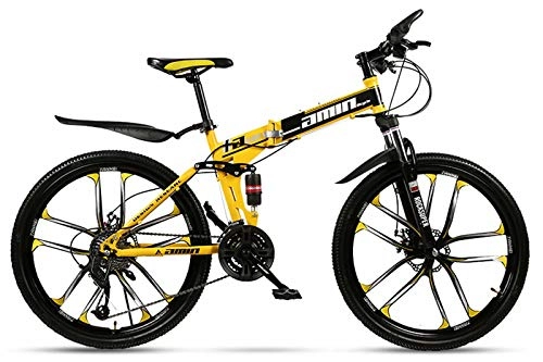 Folding Mountain Bike : LXC 24 / 26 Inch Folding Mountain Bike, 10 Cutter Wheel The Mtb Bicycle, Lightweight 21 Speeds, High-Carbon Steel Frame, Yellow