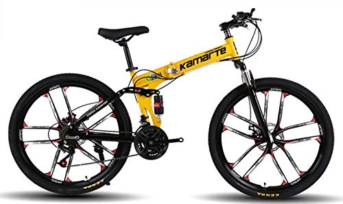Folding Mountain Bike : LXC Folding Mountain Bike 26 Inch Adult 21 Variable Speed Student Bike 10 Cutter Wheel Mtb Bike Carbon Steel Car Double Disc Brake, Yellow