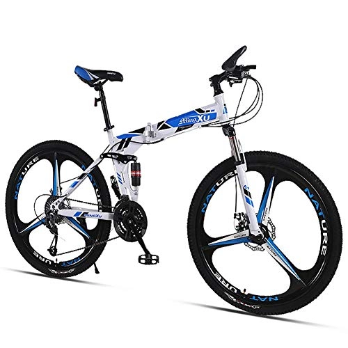Folding Mountain Bike : LYRWISHJD 26 Inch Folding Mountain Bike For Adult, Lightweight High Carbon Steel Frame Fully Suspention Road Bikes With Suspension Fork Disc Brake (Color : White, Size : 26 inch)