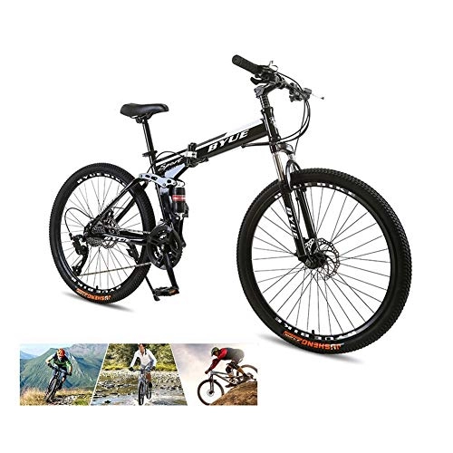 Folding Mountain Bike : LYRWISHPB 26 Inch Folding Mountain Bike, Full Suspension Road Bikes With Disc Brakes, 21 / 24 / 27 Speed Bicycle Full Suspension MTB Bikes Bicycles For Adult Teens black (Color : Black white)