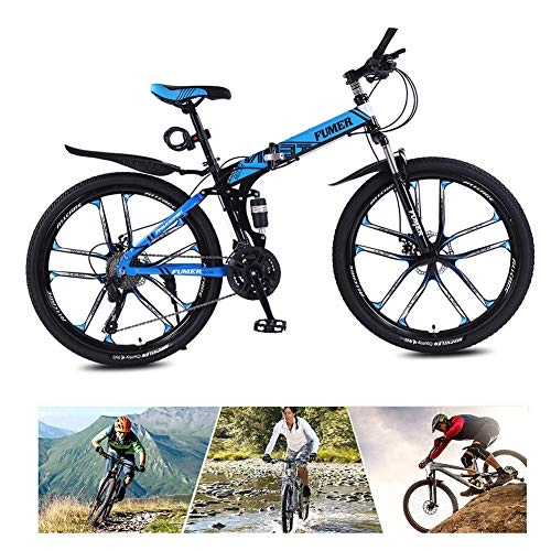 Folding Mountain Bike : LYRWISHPB Adult Mountain Bike, 24 / 26 Inch Wheels, Carbon Steel Mountain Bike 24 Speed Bicycle Full Suspension MTB Gears Dual Disc Brakes Mountain Bicycle (Color : Black blue, Size : 24inch)