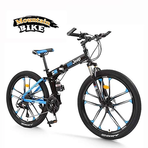 Folding Mountain Bike : LYRWISHPB Adult Mountain Bikes, 26-inch Mountain Bikes, High-carbon Steel Folding Bikes, 24-speed Bicycles With Double Disc Brakes, Full Suspension Mountain Bikes (Color : Blue)