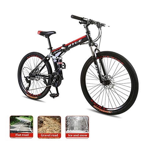 Folding Mountain Bike : LYRWISHPB Mountain Bike 26in Folding Mountain Bike With 21 / 24 / 27 Speed Dual Disc Brakes Full Suspension Non-Slip MTB Bikes Bicycles For Adult Teens Many Colors Are Available (Color : Black red)