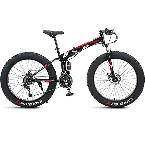 Folding Mountain Bike : LZHi1 24 Inch 27 Speed Folding Mountain Bike With Full Suspension, Men Mountain Bike With Dual Disc Brakes, High Carbon Steel Adult Bike For Beach Snow(Color:Black red)