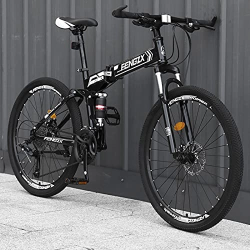Folding Mountain Bike : LZHi1 26 Inch 30 Speed Folding Mountain Bike, Adult Mountain Trail Bicycle Commuter Bike With Dual Disc Brakes, Suspension Fork Urban Commuter City Bicycle(Color:Black white)