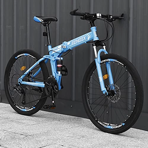 Folding Mountain Bike : LZHi1 26 Inch 30 Speed Folding Mountain Bike, Adult Mountain Trail Bicycle Commuter Bike With Dual Disc Brakes, Suspension Fork Urban Commuter City Bicycle(Color:Blue)