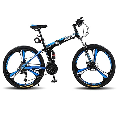 Folding Mountain Bike : LZHi1 26 Inch 30 Speed Men Mountain Bike With Full Suspension, Foldable Mountan Trail Bicycle With Dual Disc Brake, High Carbon Steel Urban Commuter City Bicycle(Color:Black blue)