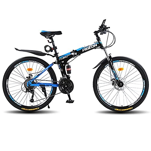 Folding Mountain Bike : LZHi1 26 Inch Adult Mountain Bike For Men & Women, 27 Speed Cycling Sports Mountain Bike With Full Suspension Disc Brake, Foldable Urban Commuter City Bicycle(Color:Black blue)