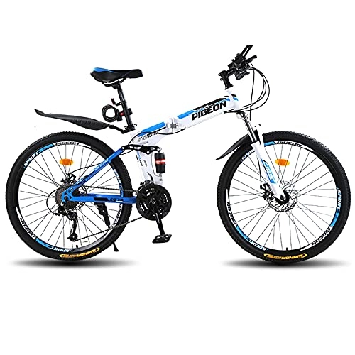 Folding Mountain Bike : LZHi1 26 Inch Adult Mountain Bike For Men & Women, 27 Speed Cycling Sports Mountain Bike With Full Suspension Disc Brake, Foldable Urban Commuter City Bicycle(Color:White blue)