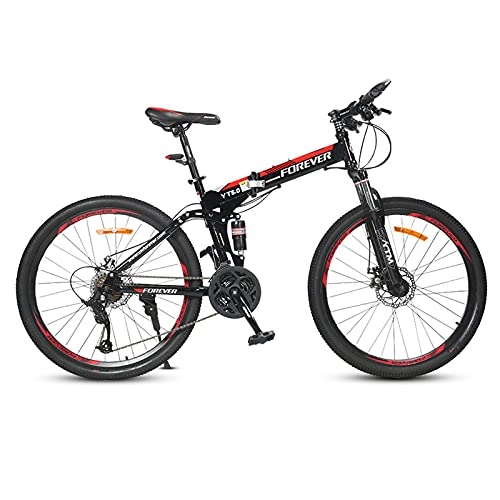 Folding Mountain Bike : LZHi1 26 Inch Foldable Dual Suspension Mountain Bike, 24 Speed Double Disc Brake Mountain Trail Bikes, Carbon Steel Frame Outroad Mountain Bicycle With Adjustable Seat(Color:Black red)