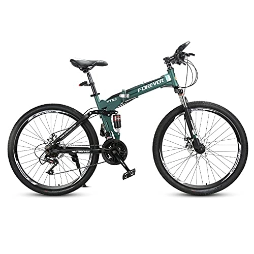 Folding Mountain Bike : LZHi1 26 Inch Foldable Dual Suspension Mountain Bike, 24 Speed Double Disc Brake Mountain Trail Bikes, Carbon Steel Frame Outroad Mountain Bicycle With Adjustable Seat(Color:Green)