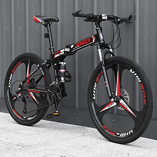 Folding Mountain Bike : LZHi1 26 Inch Foldable Full Suspension Adult Mountain Bike, 30 Speed Men Mountan Bicycle With Dual Disc Brake, Outdoor Urban Commuter City Bicycle With Adjustable Seat(Color:Black red)