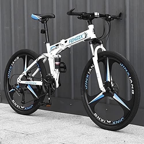 Folding Mountain Bike : LZHi1 26 Inch Foldable Full Suspension Adult Mountain Bike, 30 Speed Men Mountan Bicycle With Dual Disc Brake, Outdoor Urban Commuter City Bicycle With Adjustable Seat(Color:White blue)