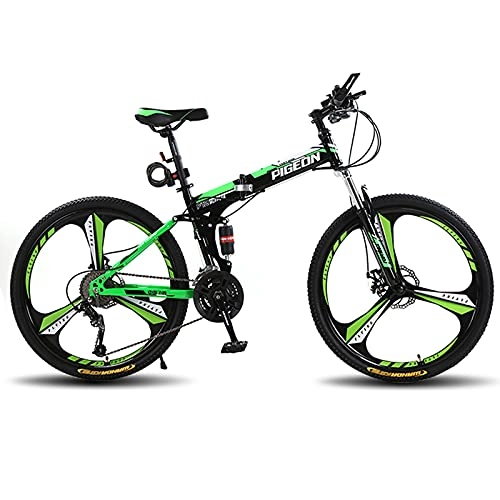 Folding Mountain Bike : LZHi1 26 Inch Foldable Men Mountain Bike With Full Suspension, 30 Speed Commuter Bike Mountan Bicycle, High Carbon Steel Frame Outdoor Sports Mountain Bike(Color:Black green)