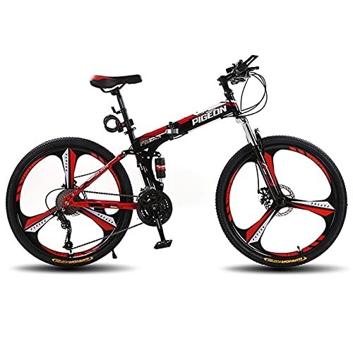 Folding Mountain Bike : LZHi1 26 Inch Foldable Men Mountain Bike With Full Suspension, 30 Speed Commuter Bike Mountan Bicycle, High Carbon Steel Frame Outdoor Sports Mountain Bike(Color:Black red)