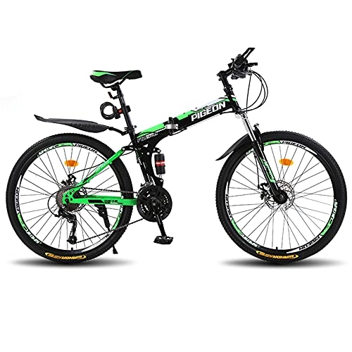 Folding Mountain Bike : LZHi1 26 Inch Full Suspension Mountain Bike 27 Speed Dual Disc Brake Mountan Bicycle High Carbon Steel Foldable City Commuter Road Bike For Women And Men(Color:Black green)