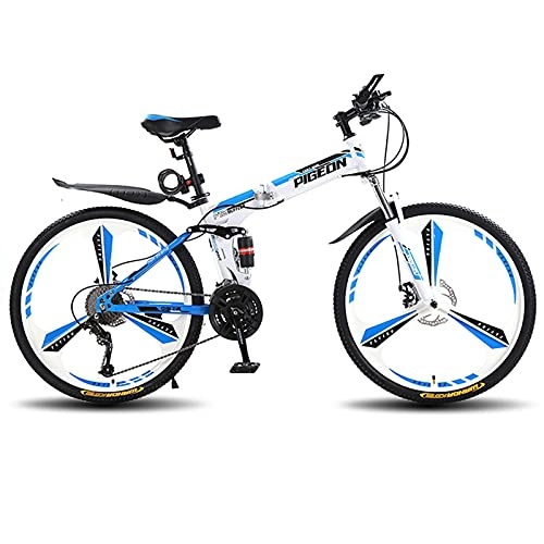 Folding Mountain Bike : LZHi1 26 Inch Men Mountain Bike Commuter Bike, 30 Speed Mountan Bicycle With Full Suspension Disc Brake, Foldable City Road Bike With Adjustable Seat(Color:White blue)