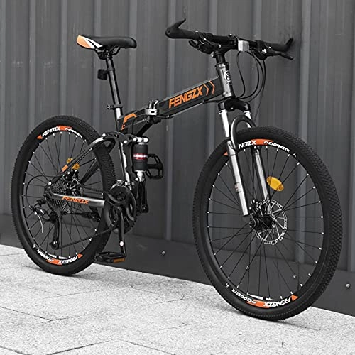 Folding Mountain Bike : LZHi1 26 Inch Mountain Bike Folding Adult Bike, 30 Speed High Carbon Steel Suspension Fork Mountain Trail Bicycle, Urban Commuter City Bicycle With Dual Disc Brakes(Color:Grey orange)