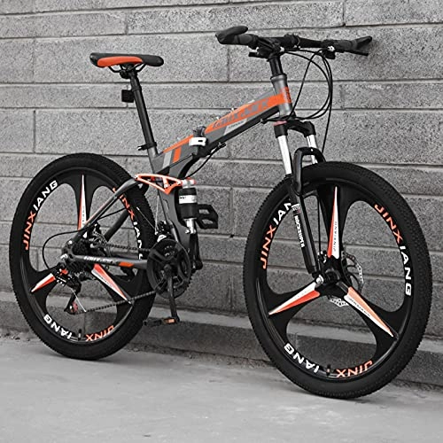 Folding Mountain Bike : LZHi1 26 Inch Mountain Bike For Men And Women, 30 Speed Foldable Dual-Suspension Adult Mountain Bicycle, Carbon Steel Frame Dual Disc Brakes City Road Bikes(Color:Orange)