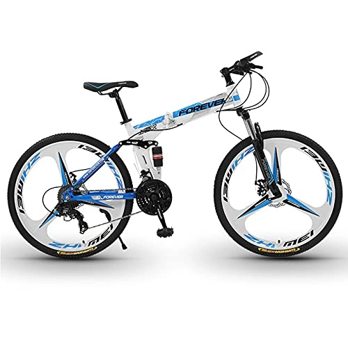 Folding Mountain Bike : LZHi1 26 Inch Mountain Bike With Dual Suspension, 30 Speed Trail Bicycle With Double Disc Brake, Carbon Steel Frame Folding Outroad Mountain Bicycle With Adjustable Seat(Color:White blue)