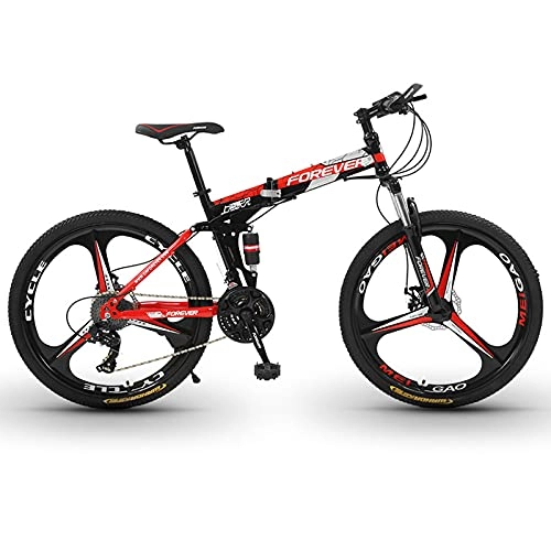 Folding Mountain Bike : LZHi1 Foldable Adult Mountain Bike 26 Inch Wheels, 30 Speed High Carbon Steel Frame Full Suspension Trail Bikes, Outroad Mountain Bicycle With Double Disc Brake(Color:Black red)