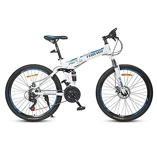 Folding Mountain Bike : LZHi1 Foldable Adult Mountain Bike With Dual Suspension, 26 Inch 24 Speed Mountain Trail Bike, Carbon Steel Frame Double Disc Brake Outroad Mountain Bicycle For Women And Men(Color:White blue)