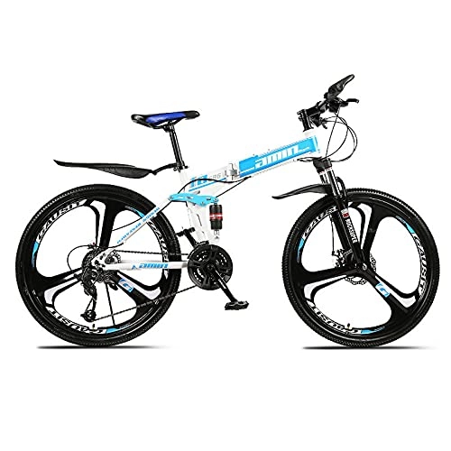 Folding Mountain Bike : LZHi1 Foldable Mountain Bike 26 Inch For Men And Women, 27 Speed Dual-Suspension Adult Mountain Trail Bikes, Carbon Steel Frame Dual Disc Brake Road Bikes(Color:White blue)