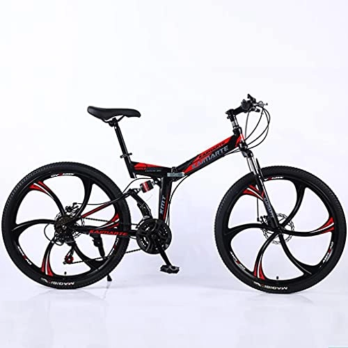 Folding Mountain Bike : M-YN Folding Mountain Bike 6 Spoke 21 / 24 / 27 Speed 26 Inch Wheel Double Disc Brake Full Suspension Anti-Slip(Size:21inch, Color:black+red)