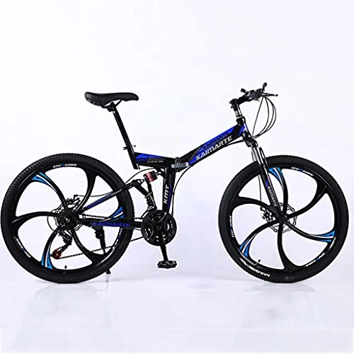 Folding Mountain Bike : M-YN Folding Mountain Bike 6 Spoke 21 / 24 / 27 Speed 26 Inch Wheel Double Disc Brake Full Suspension Anti-Slip(Size:24inch, Color:black+blue)