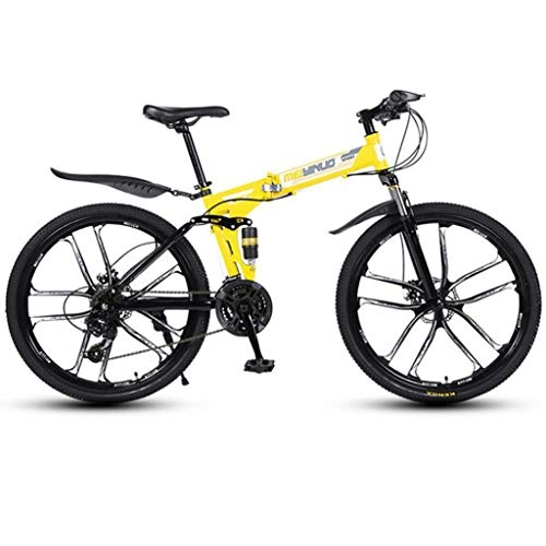Folding Mountain Bike : MBZL 26 Inch Foldable Mountain Bike with Suspension Fork / Disc Brake, 21 24 27 Speeds Drivetrain, Free Kickstand (Color : Yellow, Size : 21 Speed)