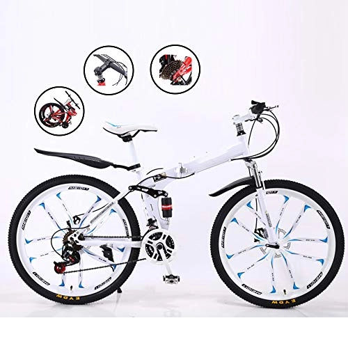 Folding Mountain Bike : MDZZ 27 Speed City Folding Bike, Compact Mountain Bicycle with Adjustable Seat, Durable High Carbon Frame Pedal Car for Travel Work Out, White Wheel B, 24in