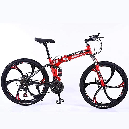Folding Mountain Bike : Men's Adult Mountain Bike, 26 inch Wheels, Mountain Trail Bike High Carbon Steel Folding Outroad Bicycles, With 6 Cutter Wheel Bicycle-red-24inch27speed