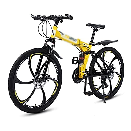 Folding Mountain Bike : MENG 26 in Folding Mountain Bike Carbon Steel Frame Bicycle for Boys Girls Men and Wome with Dual Full Suspension and Disc Brakes(Size:21 Speed, Color:Yellow) / Yellow / 27 Speed
