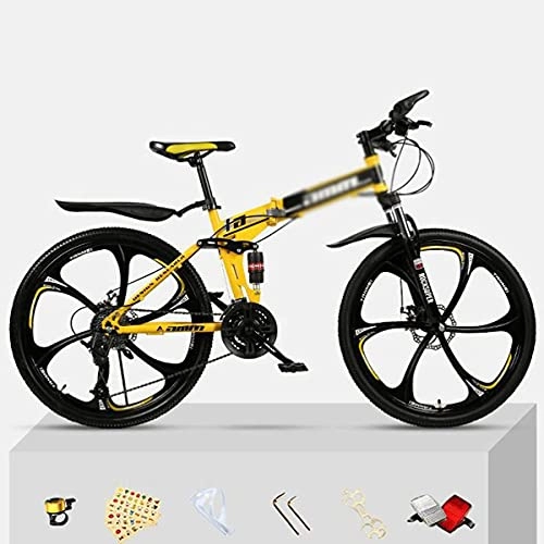 Folding Mountain Bike : MENG Mountain Bike 26 Inches Wheels 21 / 24 / 27 Speed Full Suspension Dual Disc Brakes Foldable Carbon Steel Frame Bicycle for Men(Size:21 Speed, Color:White) / Yello / 24 Speed