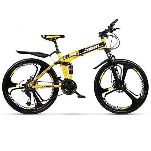 Folding Mountain Bike : Mens Mountain Bike, High Carbon Steel Bracket, Double Disc Brake System, Quickly Fold in 8 Seconds for Easy Storage, Yellow, 27 speed