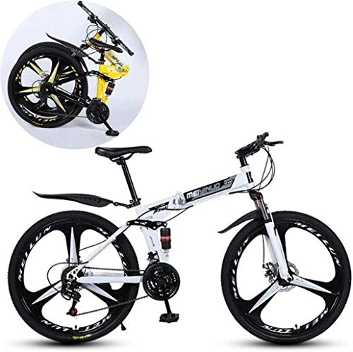 Folding Mountain Bike : MG Mountain Bikes, Folding High Carbon Steel Frame 26 Inch Variable Speed Double Shock Absorption Three Cutter Wheels Foldable Bicycle 6-8, White, 21 speed