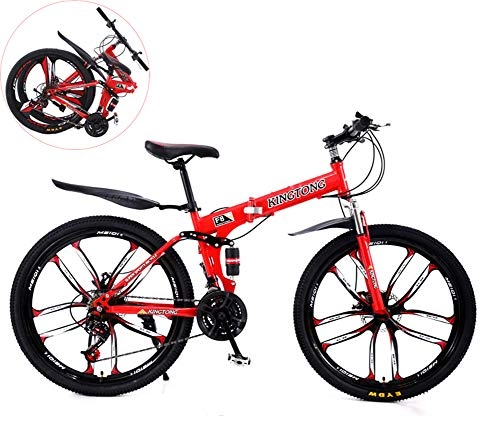 Folding Mountain Bike : MOOLUNS 26 Inches Double Shock Absorption Foldable Bicycle, Unisex High-carbon Steel Variable Speed Mountain Bike, 10-knife Integrated Wheel, Can Be Put into the Trunk, Red, 26in (21 speed)