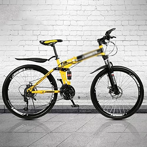 Folding Mountain Bike : Mountain Bike 26 Inch 21 / 24 / 27 Speed Folding Mountain Bike High Carbon Steel Full Suspension MTB Bicycle For Adult Double Disc Brake Outroad Mountain Bicycle For Men Women(Size:27 Speed, Color:Yello)