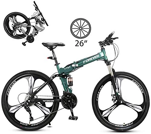 Folding Mountain Bike : Mountain Bike, 26In Foldable Trekking Bicycle Cross Trekking Bikes Unisex Outdoor Carbon Steel Bicycle Full Suspension MTB-26 inch / 24 speed_Green