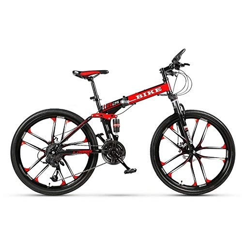 Folding Mountain Bike : Mountain Bike, Foldable MountainBike 24 / 26 Inches, MTB Bicycle with 10 Cutter Wheel, Black&Red