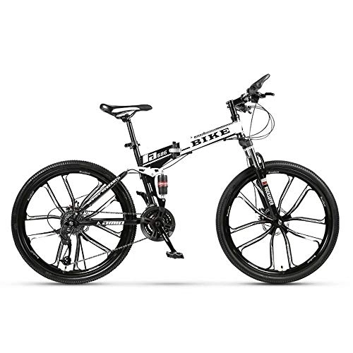 Folding Mountain Bike : Mountain Bike, Foldable MountainBike 24 / 26 Inches, MTB Bicycle with 10 Cutter Wheel, White