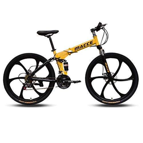 Folding Mountain Bike : Mountain Bike Folding Bikes with High Carbon Steel Frame, Double Disc Brake and Dual Suspension Anti-Slip Bicycles Full Suspension MTB Bikes, Yellow, 26 inch 21 Speed
