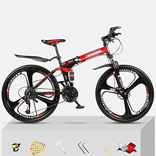 Folding Mountain Bike : Mountain Bike Folding Mountain Bike 21 / 24 / 27 Speed Bicycle Front Suspension MTB Foldable Carbon Steel Frame 26 In 3 Spoke Wheels For A Path, Trail & Mountains(Size:24 Speed, Color:Red)