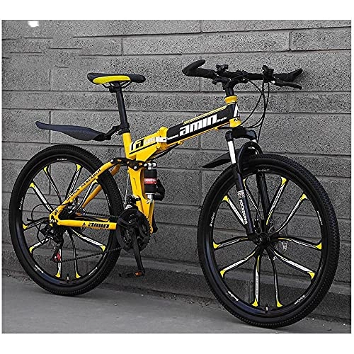 Folding Mountain Bike : Mountain Bike, Variable Speed Double Shock Absorber, Integrated Round Folding Mountain Bike Bicycle-(10 Knife Wheel Top) Black Yellow_21 Speed (Default 26 Inch)，Gears Bicycle